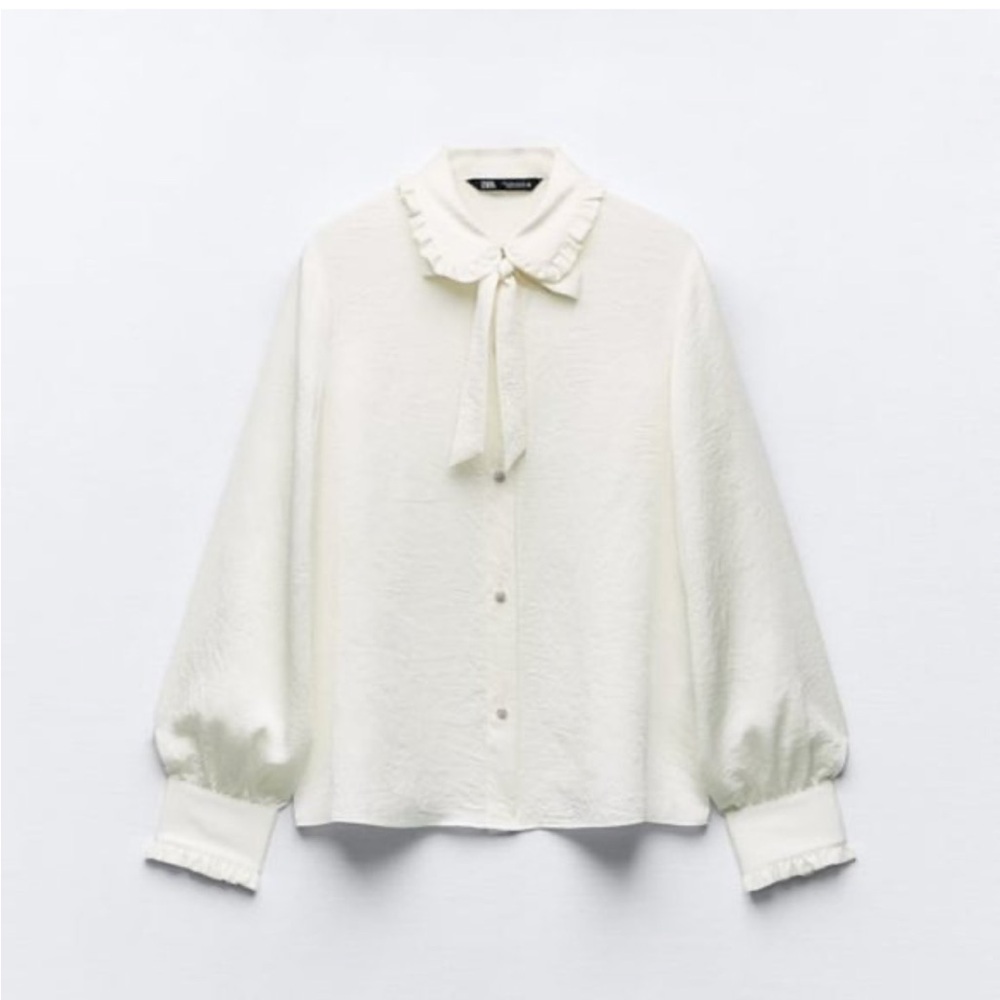 Zara Cream Ruffle Tie-Neck Blouse